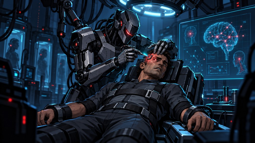 A restraint chair and surgical arm write a glowing mark into a human forehead — the Imprint Protocol