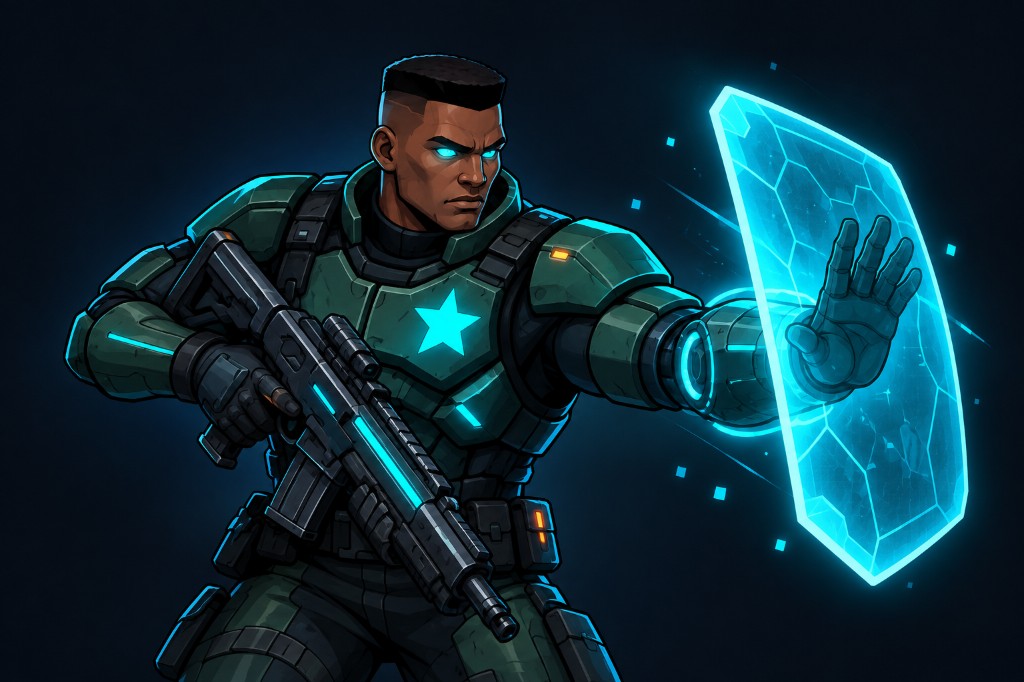 Runner in armor with a rifle and a cyan energy shield