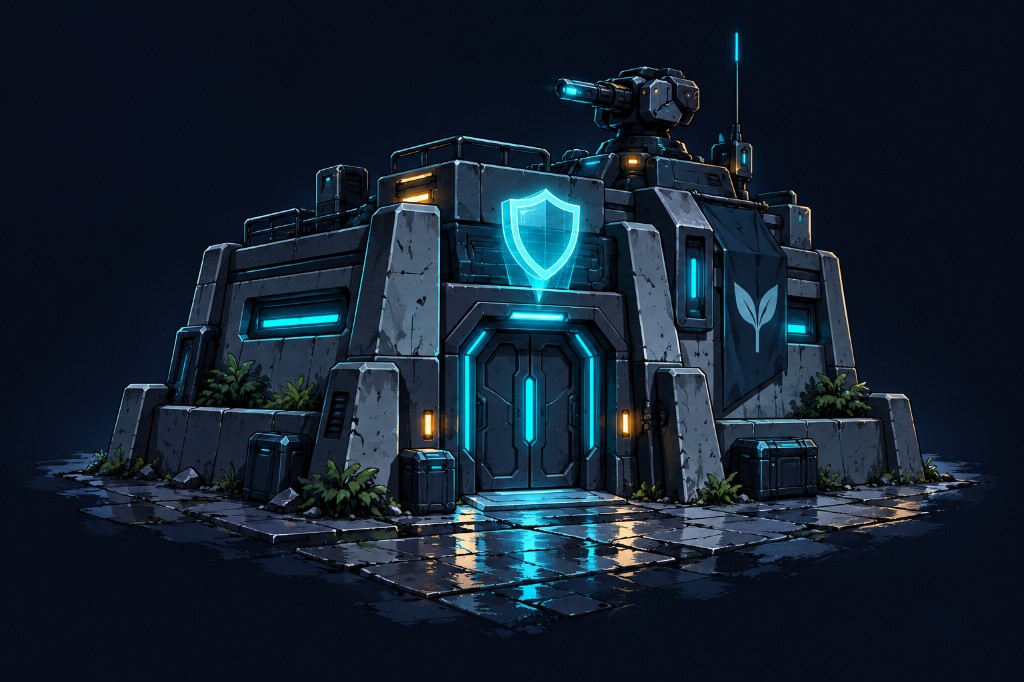 Fortified bunker-home with a cyan door glow and roof turret