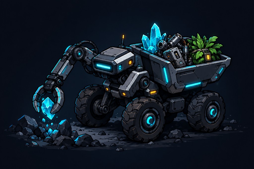 Harvesting robot with a claw and a hopper of cyan crystals