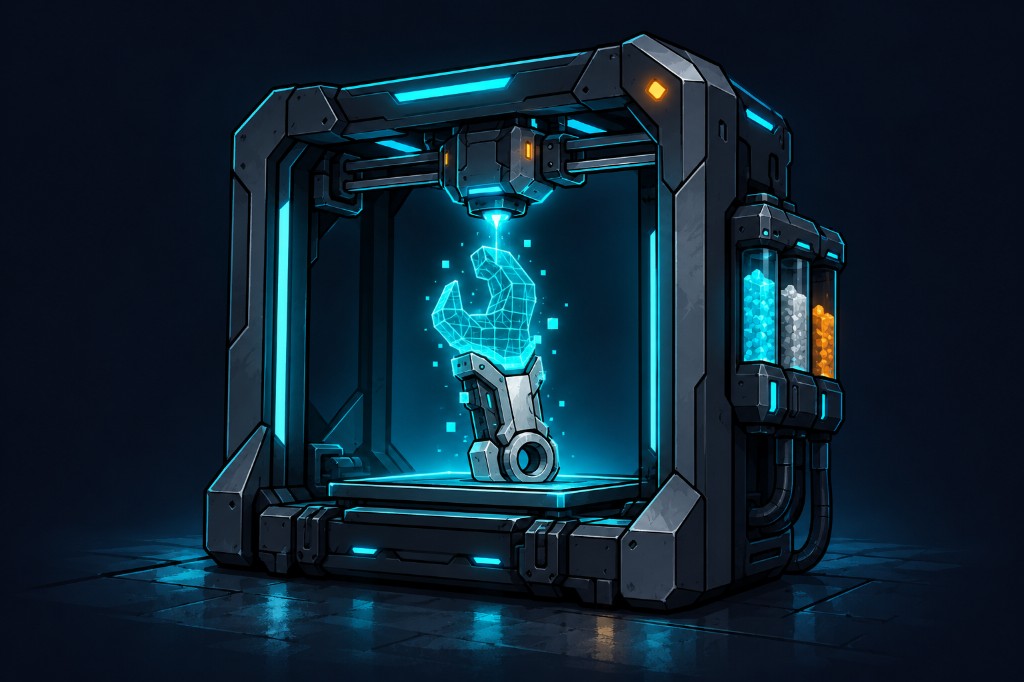4D printer building a cyan wireframe tool