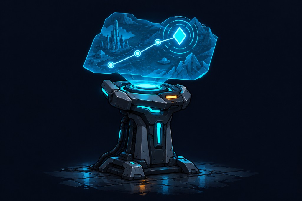 Holographic quest terminal projecting a map