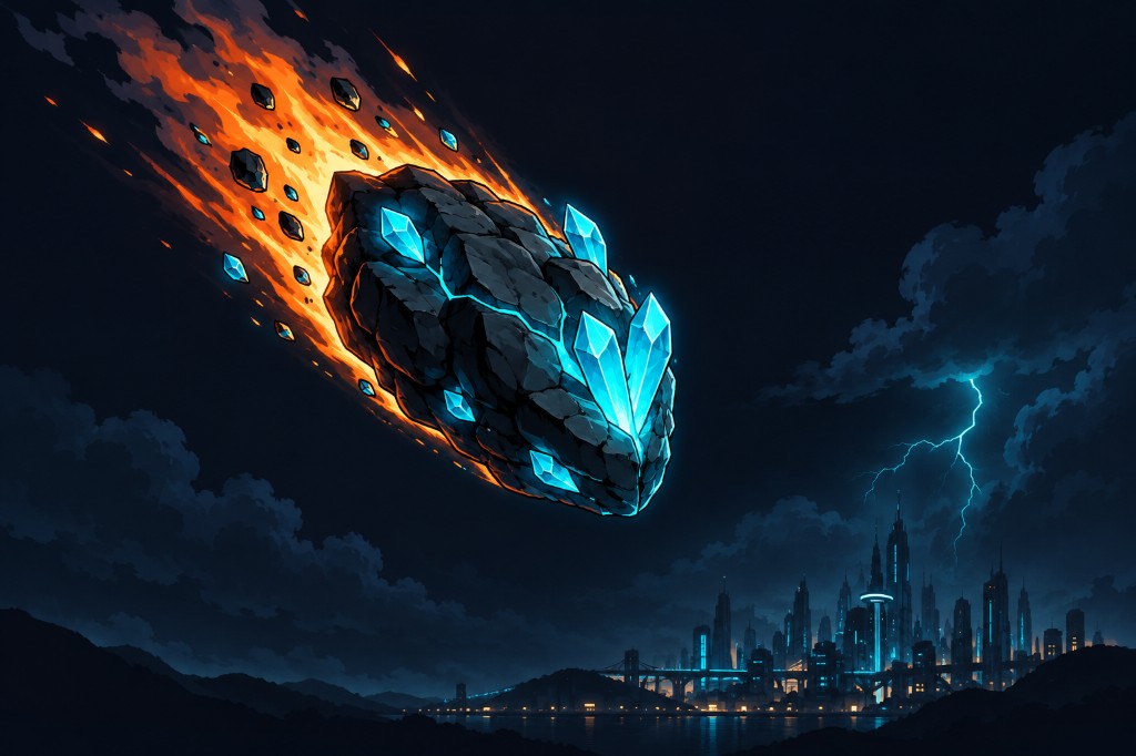 Crystal meteor falling over a distant cyan city