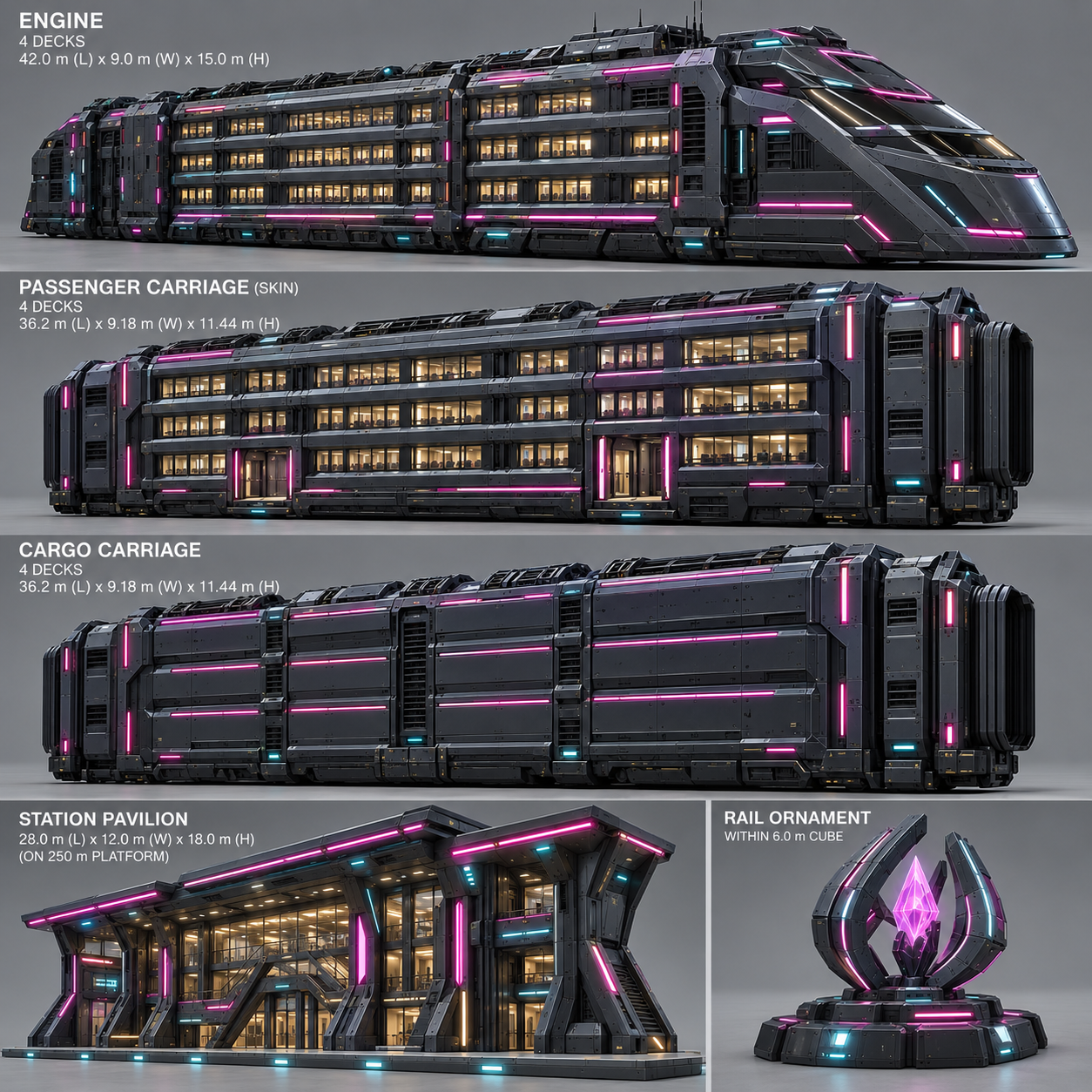 Four-deck grav-rail: engine, passenger skin, cargo wagon, station pavilion, and rail ornament